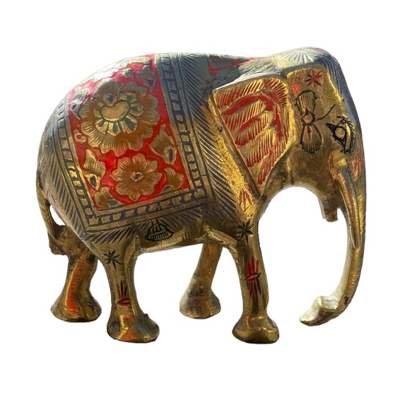 Other - Elephant Solid Brass Indian Decorated Figurine Gold & Red